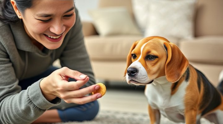 A caring owner handing calming treats to a slightly anxious-looking beagle in a home setting