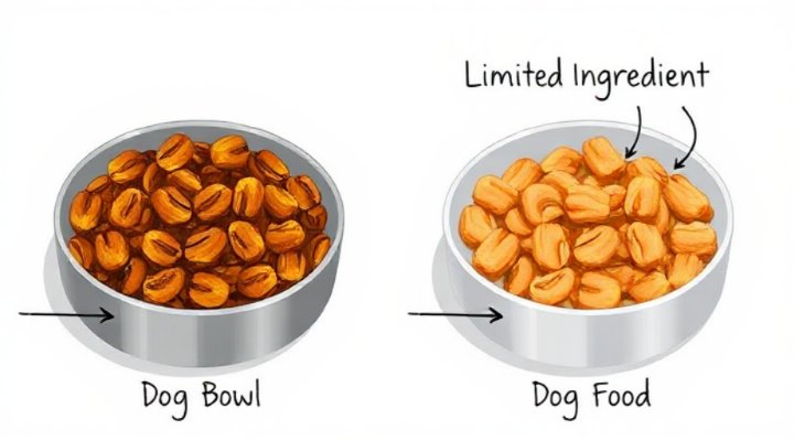 Visual comparison showing regular dog food with many ingredients versus limited ingredient dog food with minimal components