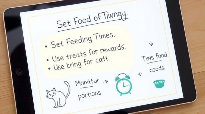 An easy-to-follow infographic outlining the main steps of cat food training, including timing and portion control