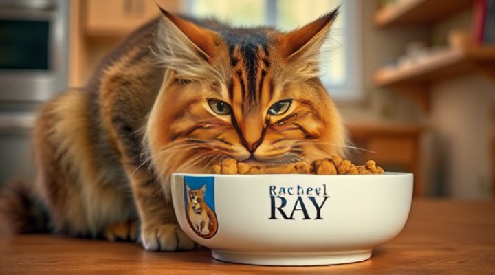 A cute cat enjoying Rachael Ray cat food during mealtime