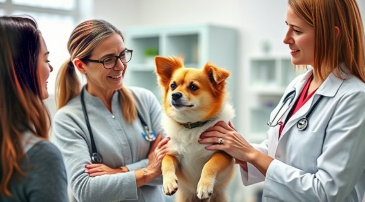 Caring pet owner discussing sensitive stomach science diet options with veterinarian