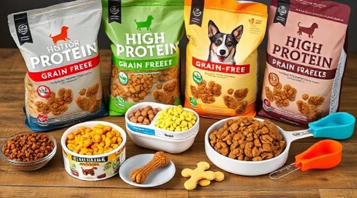 Various high protein dog food options arranged for comparison including dry kibble and wet food