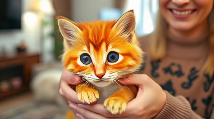 A fluffy orange kitten being gently held by a smiling person, showing early socialization in a safe environment