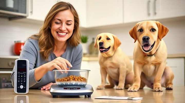 Pet owner accurately measuring high protein dog food for an active dog