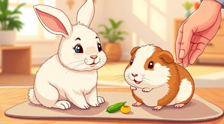 A fluffy rabbit and a guinea pig interacting during a training session with small treats, showing gentle training methods
