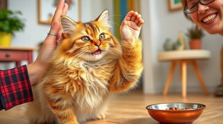 A happy cat high-fiving its owner after training with wet food