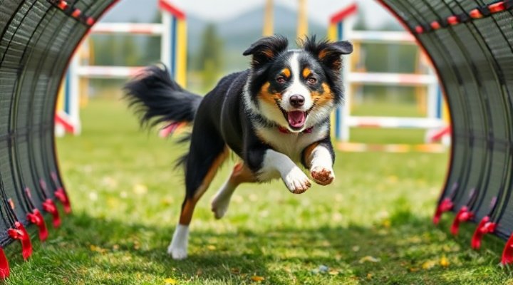 Border collie jumping through agility course obstacle showing excellent muscle tone and energy