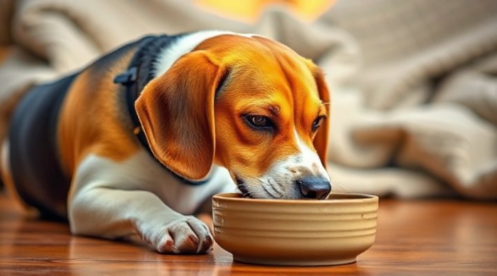 Content senior beagle eating from a bowl of specially formulated senior dog food
