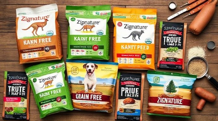 Side-by-side display of Zignature grain-free dog food and novel protein varieties like kangaroo or trout
