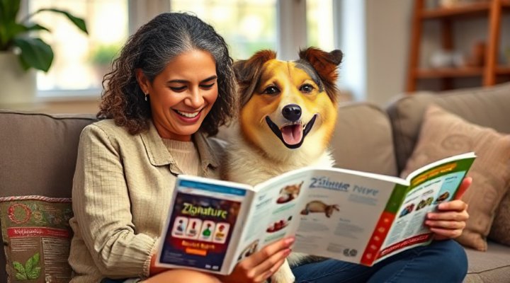 A caring owner and their dog looking at Zignature dog food packaging and educational resources together