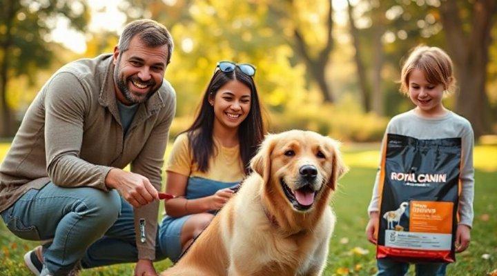 Happy family with their well-trained dog enjoying a successful training session using Royal Canin satiety diet for optimal results