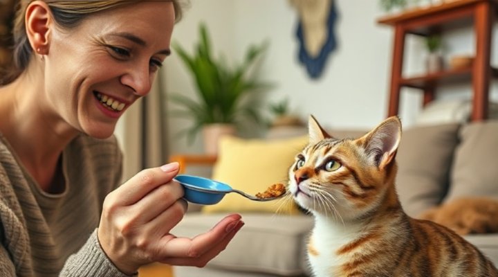 A caring owner using wet food to train their cat in a positive environment