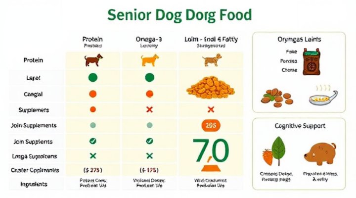 Educational infographic showing nutritional requirements for senior dog training diets
