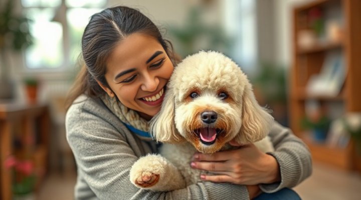 A happy person and senior dog celebrating a successful training session with cuddles