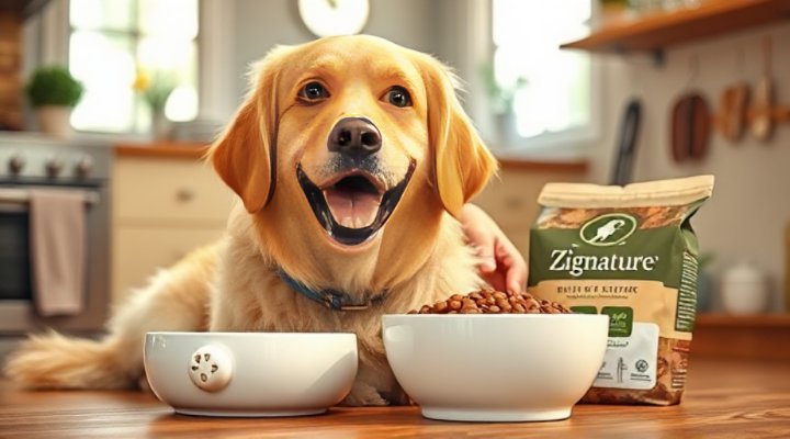 A cute golden retriever happily eating from a bowl of Zignature dog food, showcasing the product in a home setting