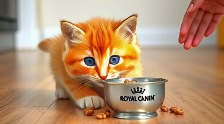 Cute kitten interacting with Royal Canin kitten food during early training session