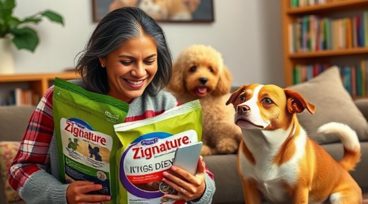 A caring owner reading the Zignature dog food label with their adorable mixed-breed dog, illustrating skill building in ingredient analysis