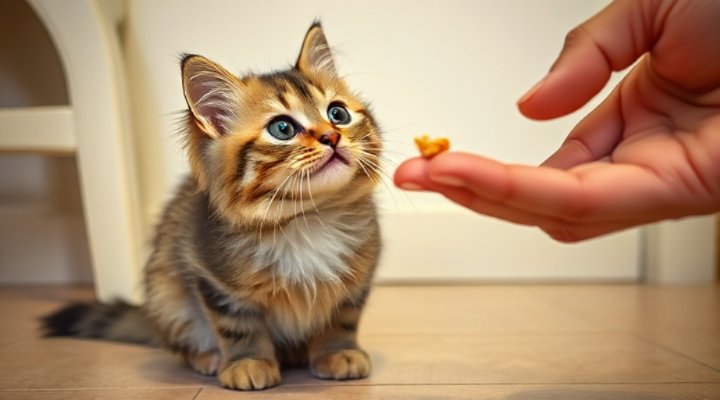A adorable cat sitting patiently during a food training session, showing positive behavior reinforcement