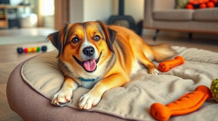 A senior dog taking a break during training, lying down comfortably