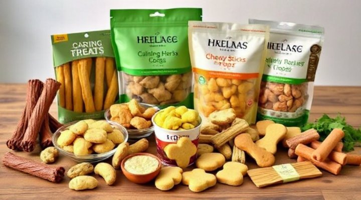 Assortment of calming treats for dogs including chews, biscuits, and soft snacks arranged neatly