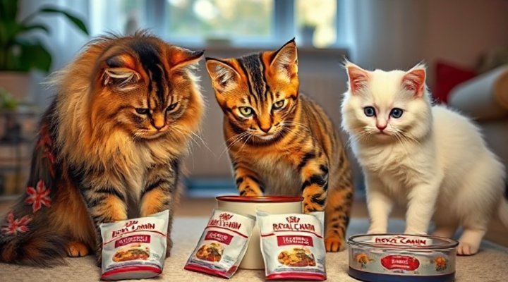 Different cat breeds enjoying their specific Royal Canin formulas during training time