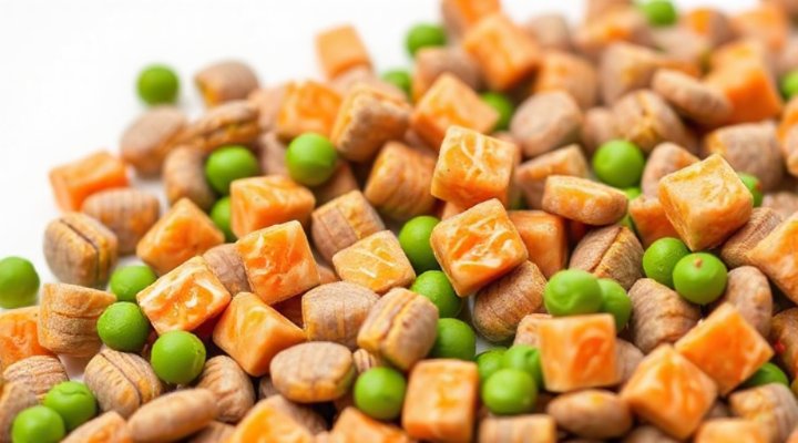 Close-up view of Zignature dog food kibble showing high-quality ingredients like salmon and vegetables