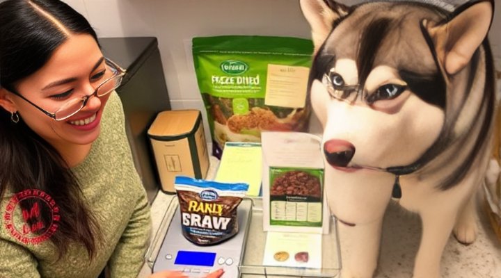 A focused pet owner using a kitchen scale to measure portions of freeze dried raw dog food for their dog