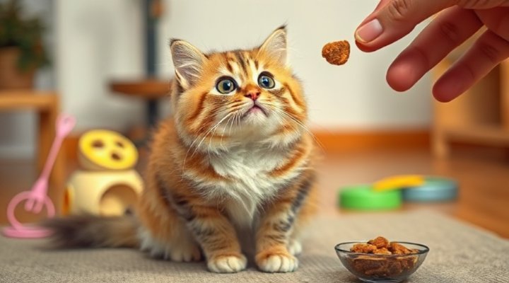 A cute cat sitting patiently with big eyes, waiting for a food reward in a training session