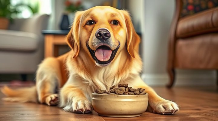 A cute golden retriever happily eating freeze dried raw dog food from a bowl