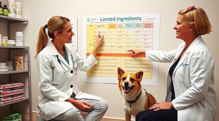 A caring veterinarian in a clinic explaining the benefits of limited ingredient dog food to a smiling pet owner with a dog
