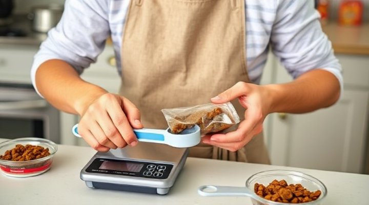 A caring person using a scale and scoop to measure freeze dried raw dog food portions