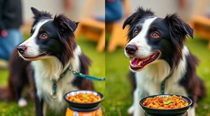 Side-by-side comparison showing a focused dog with Royal Canin satiety diet versus a distracted dog with regular diet during training