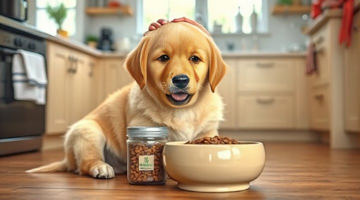 A cute dog enjoying a bowl of limited ingredient dog food during training