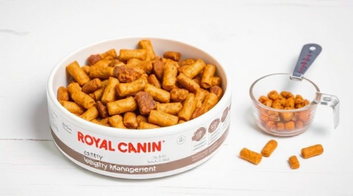 Royal Canin Satiety weight management dog food in bowl with precise measuring cup portion control