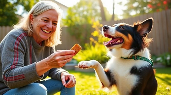 A smiling owner handing Jinx dog food to an excited border collie after performing a trick