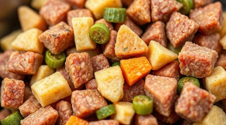 A detailed close-up of freeze dried raw dog food showing meat pieces and natural ingredients
