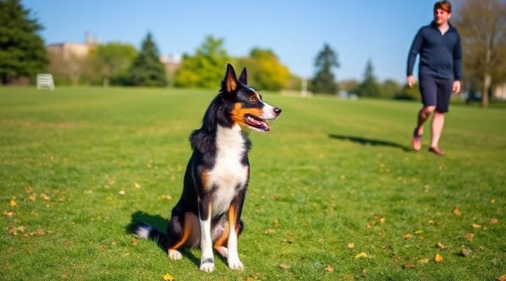 A patient dog holding the stay command while the owner steps back in a park setting