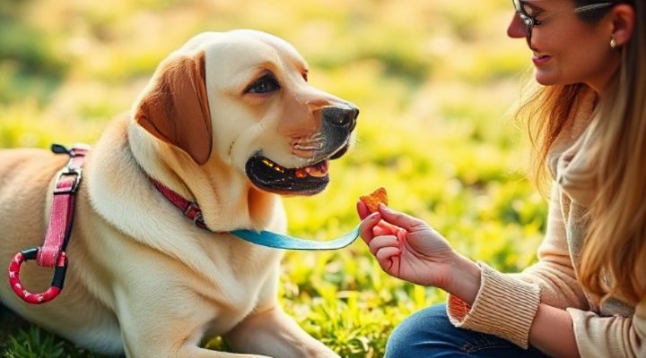 Older Labrador retriever successfully performing a gentle training exercise with owner encouragement