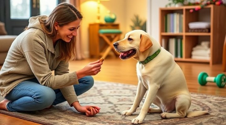 A well-trained dog sitting obediently as the owner rewards with a treat during a training session