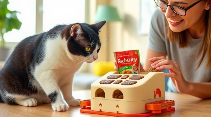 Cat and owner bonding during interactive feeding with Rachael Ray cat food puzzle toy