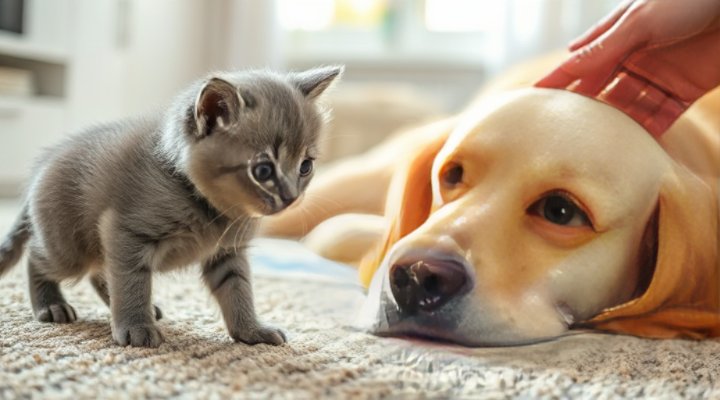 A small gray kitten cautiously approaching a relaxed golden retriever in a supervised setting, highlighting safe multi-pet socialization