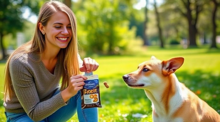 A caring owner using limited ingredient treats to train a sensitive dog in a park