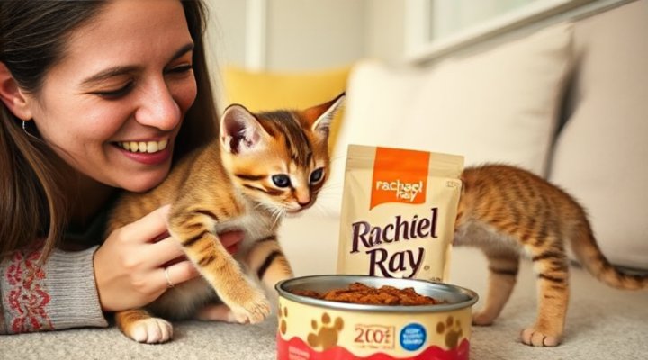 A loving pet owner bonding with their cat while serving Rachael Ray cat food