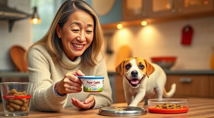 A caring pet owner carefully measuring Royal Canin satiety diet portion using a measuring cup for training session