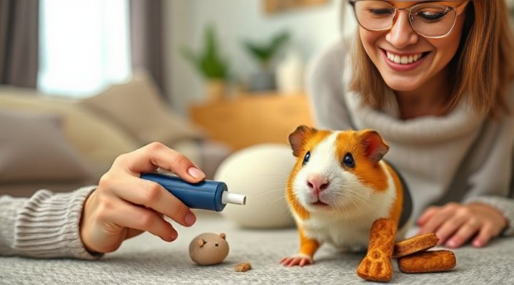 A kind person using a clicker to train a guinea pig, demonstrating reward-based techniques in a home environment