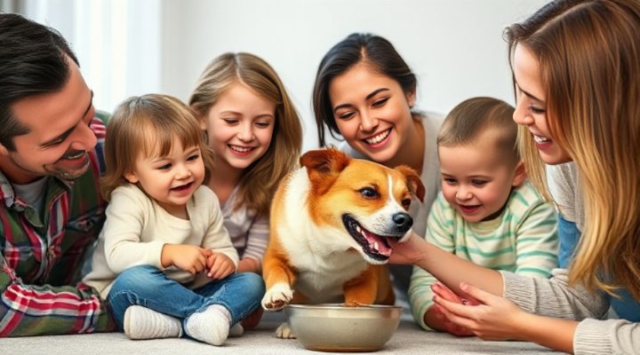 A family including children safely feeding freeze dried raw dog food to their happy mixed-breed dog under supervision