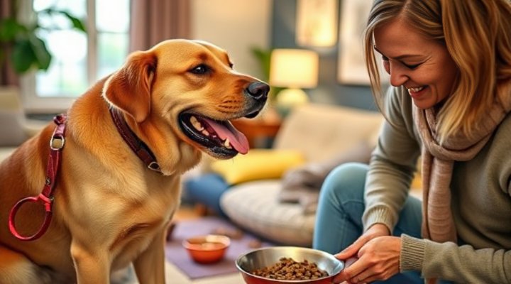 Loving owner giving high protein food to active dog for training
