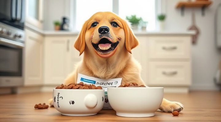 A cute golden retriever happily eating from a bowl of limited ingredient dog food