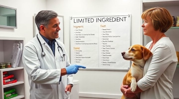 A veterinarian and pet owner discussing limited ingredient dog food options in a clinic setting