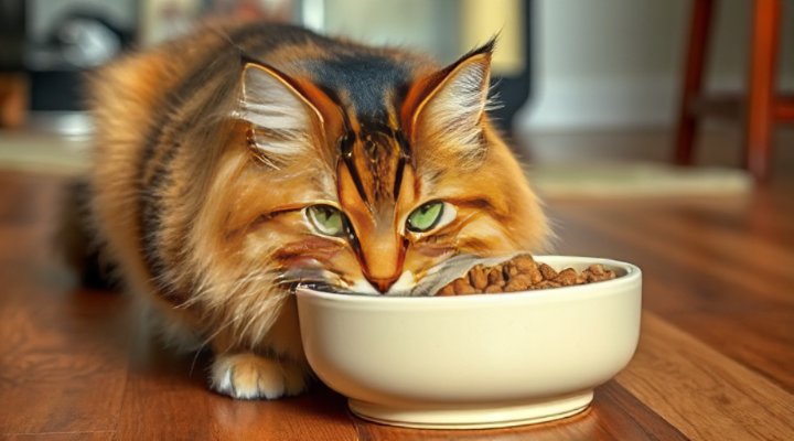 Adorable tabby cat enjoying Rachael Ray cat food during mealtime